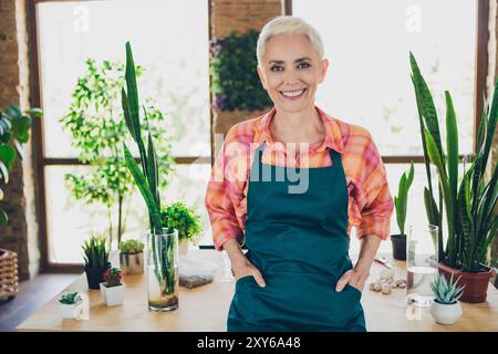 Foto-Porträt der schönen Rentner Dame Florist zuversichtlich positive Geschäftsfrau tragen Schürze arbeiten Blumenladen Studio kleine Unternehmen Stockfoto