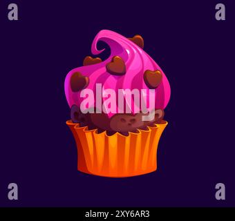 Cartoon valentine Cupcake mit sattem rosafarbenen Zuckerguss und dekoriert mit Schokoladenherzen. Vektor-Süßigkeiten, Süßwaren, Gebäck, charmante Valentinstag-Muffin sitzt in einer orangen Verpackung Stock Vektor