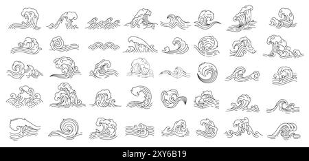 Asiatische japanische oder chinesische Meer- und Ozeanwellen-Ikonen, Vektor-dünne Linien-Kunstdekoration. Wellensymbol des Meerwassers und Gezeitensurfen mit Wellenplättchen für asiatische japanische oder chinesische Ornamente Stock Vektor