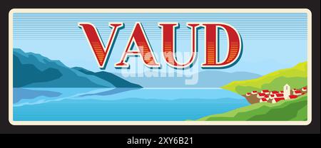 Waadtländer Kantonplatte, Schweizer Zinnplatte. Vektor-Vintage-Banner mit touristischem Wahrzeichen, See, Karte und Bergen der Schweiz. Retro-Schild, Tafel oder Postkarte Stock Vektor