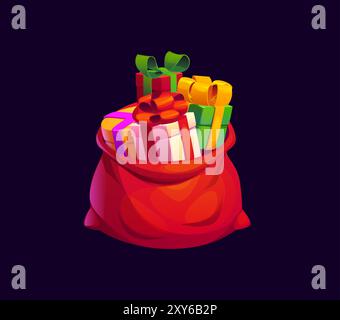 Cartoon Weihnachtsgeschenke Tasche. Leuchtend roter Sack mit bunten Weihnachtsgeschenken, verziert mit bunten Bändern und Verpackung. Isolierter Vektorartikel, der für Weihnachtsveranstaltungen und Weihnachtsmann wichtig ist Stock Vektor