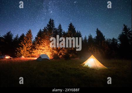 Mehrere Zelte, beleuchtet durch glühendes Lagerfeuer auf einer grasbewachsenen Rodung unter klarem Sternenhimmel. Umgeben von hohen Kiefern in den Bergen. Die ruhige Schönheit der Nacht, die Sie in der Natur verbracht haben. Stockfoto