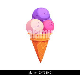 Cartoon-Fastfood-Eis mit drei bunten Kugeln in Pink, Lila und weiß. Isolierte Vektor Waffle Tasse hält gefrorene cremige Kugeln. Köstliche kalte Leckereien für heiße Sommertage und süße Heißhunger Stock Vektor