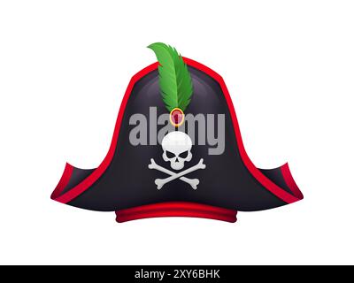Zeichentrick-Piratenhut, Korsar-Kapitän Tricorn. Vektor-Hahnenhut, Seefahrer-Kopfschmuck mit grüner Feder, fröhlichem roger-Schädel und Crossbs. Isolierte Freibeuter-Kopfbedeckung, Seemann, Filibuster-Piraterie-Kostüm Stock Vektor
