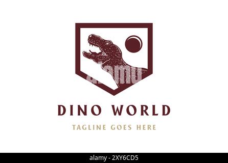 Vintage Retro Angry Roaring Tyrannosaurus mit Planet Shield Logo Design Vektor Stock Vektor