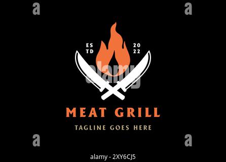 Vintage gekreuztes Messer mit Flamme für BBQ Grill Steak Fleisch Logo Design Vektor Stock Vektor