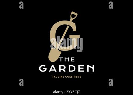 Anfangsbuchstabe G mit Schaufel-Schaufel für Garten-Hinterhof-Logo-Design Stock Vektor