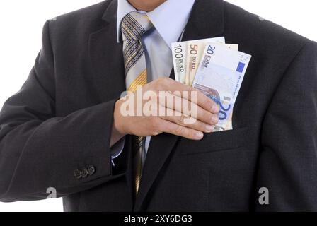 Bestechungsversuch, Mann mit Bargeld in der Hand, Schwarzes Geld, Studio Stockfoto