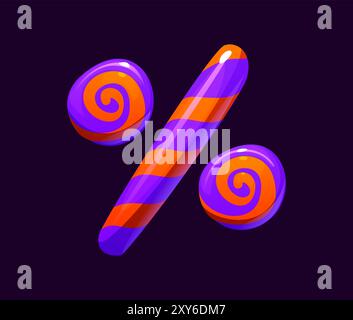 Halloween-Schriftart, Bonbon-ähnliches Satzzeichen, böse Zeichentrickschrift, lustige Gruselschrift, gruselige Alphabetglyphe. Isoliertes Vektor-abc-Typografie-Prozentzeichen mit rosa und violetten Streifen Stock Vektor