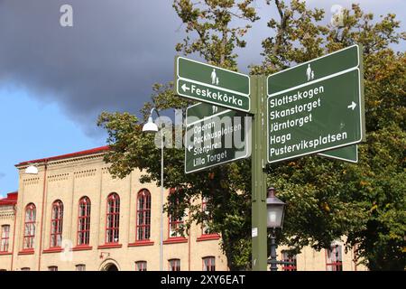 GÖTEBORG, SCHWEDEN - 26. AUGUST 2018: Wegbeschreibung für Fußgängerrouten in Göteborg, Schweden. Göteborg ist die zweitgrößte Stadt Schwedens. Stockfoto