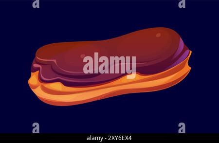 Cartoon-Eclair-Süßwaren und süßes Gebäck. Vector klassisches französisches Dessert aus Choux-Teig, gefüllt mit reichhaltiger Sahne und garniert mit Schokoladenglasur. Luxuriöses Erlebnis mit leichter, luftiger Textur Stock Vektor