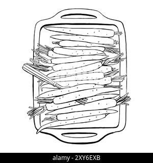 Handgezogene glasierte Karotten und Zutaten für Lebensmittelrezepte. Karotten, Schüssel, Messer Umriss Vektorskizze Illustration. Stock Vektor