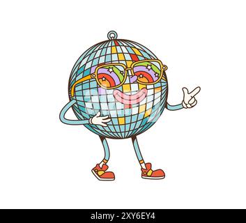 Eine groovige Disco-Ballfigur im Retro-Cartoon trägt farbenfrohe Sonnenbrillen und Sneakers, posiert mit einem fröhlichen Lächeln und einer zeigenden Hand. Isolierte Vektorfiguren beleuchten die Tanzfläche und versprühen coole Vibes Stock Vektor