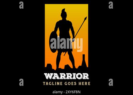 Silhouette des spartanischen Rittersoldaten, des griechischen Kriegers, der nach einer Kriegsschlacht mit dem Speer auf der obersten Klippe steht Stock Vektor