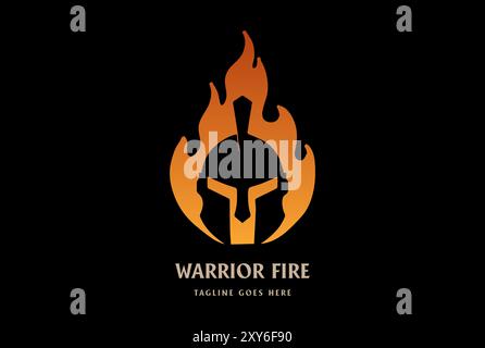 Griechischer römischer spartanischer Ritter Helm mit Feuer Flamme Logo Design Vektor Stock Vektor