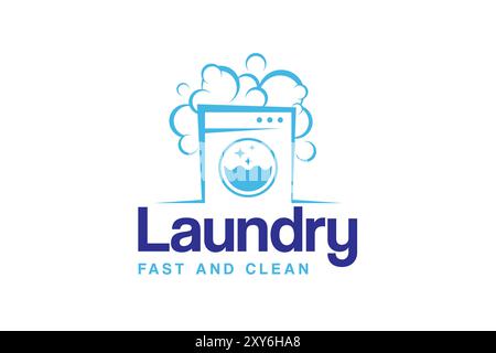 Designvorlage für Wäsche-Logos. Waschmaschine mit Luftblasen Illustrationskonzept für Wäsche-Logo Stock Vektor