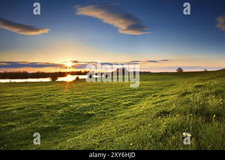 Sonnenuntergang über blühenden Wiesen im Frühling Stockfoto