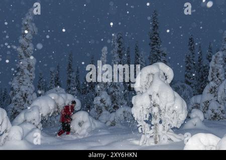 Skifahrer im Schnee in einer schneebedeckten Landschaft, Muddus Nationalpark, Welterbe Laponien, Norrbotten, Lappland, Schweden, Dezember 2012, Europa Stockfoto
