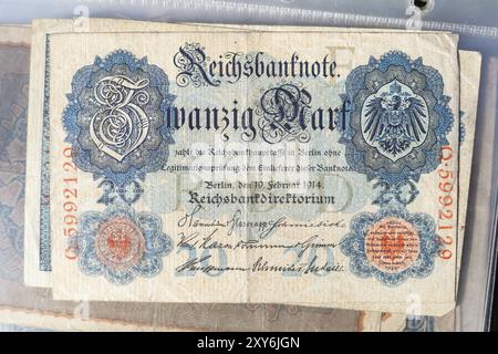 Historische Banknote, ReichsBanknote, 20 Mark von 1914, Deutsches Reich, Deutschland, Europa Stockfoto