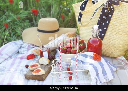 Korb, Sandwiches, Plaid und Saft in einem Mohnfeld. Vintage-zarten Hintergrund. Romantik, Liebe, Datum Stockfoto