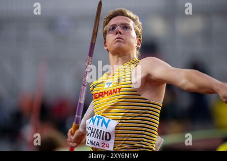 Florian SCHMID (LG Stadtwerke München) , DEUTSCHLAND, Javelin Männer PER, Leichtathletik, Leichtathletik, Leichtathletik, U20 Leichtathletik Weltmeisterschaften Lima 24, U20 Leichtathletik Weltmeisterschaften, 27.08.2024, Foto: Eibner-Pressefoto/Jan Papenfuss Stockfoto