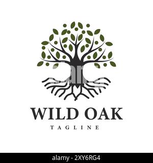 Wild Oak Logo Design einer robusten Eiche mit tiefen Wurzeln Stock Vektor