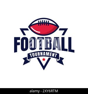 Das moderne Design-Logo ist die Hauptelemente des roten American Football-Balls, die Dreiecksform und das Band mit rotem Stern unten Stock Vektor
