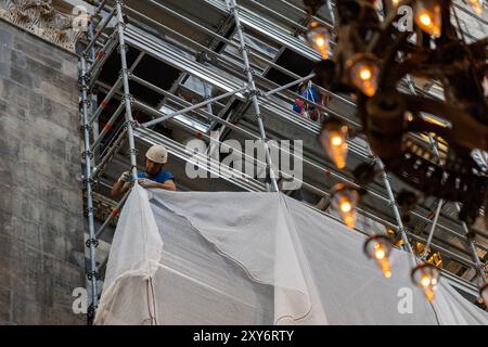 Siena, Italien - 14. Juli 2024: Restaurierungsarbeiten für Duomo di Siena (Santa Maria Assunta), Restauratorin, die sich mit Sicherheitsvorhang und ch befasst Stockfoto