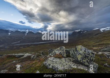 Abendstimmung, Rapadalen, Sarek-Nationalpark, Laponia-Weltkulturerbe, Norrbotten, Lappland, Schweden, September 2015, Europa Stockfoto