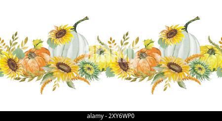 Nahtloser Rand mit Sonnenblumen, Kürbissen, Zweigen und Blättern. Aquarellillustration Herbstkomposition, handgezeichnetes Aquarell für Design. Stockfoto