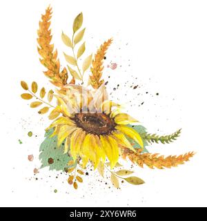 Aquarellillustration Herbstkomposition mit Sonnenblumen, Zweigen und Blättern. Handgezeichnetes Aquarell für Design. Stockfoto