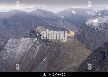 Blick auf den Berg Duolbagorni (Tuolpagorni), Kebnekasiefjaell, Norrbotten, Lappland, Schweden, August 2013, Europa Stockfoto