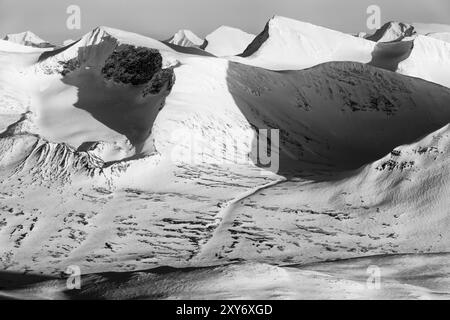 Gipfel im Sarek-Nationalpark, Laponia-Weltkulturerbe, Norrbotten, Lappland, Schweden, April 2016, Europa Stockfoto