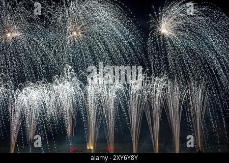 Leuchtendes Feuerwerk und Salut in verschiedenen Farben am Nachthimmel Stockfoto