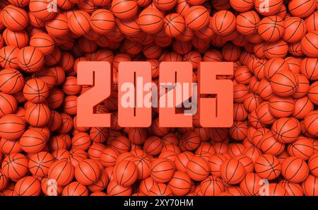 Text 2025 inmitten vieler Basketballbälle - Neujahrskarte - 3D-Rendering Stockfoto