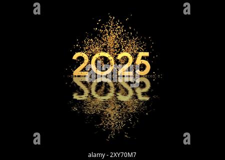goldener Text 2025 umgeben von goldenem Konfetti – mit Reflexion auf schwarzem Hintergrund – 3D-Rendering Stockfoto