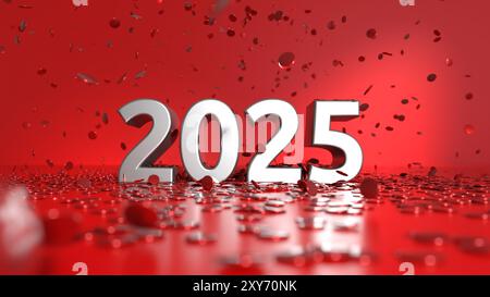 2025 Text mit Konfetti - Tiefeneffekt - Happy New Year Karte - 3D-Rendering Stockfoto