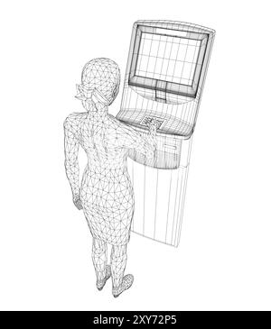 Wireframe-Frau zieht Geld von einem Geldautomaten ab. Junge Frau benutzt das Terminal. Eine junge Frau, die am Geldautomaten steht. Vektorabbildung in abgewickelter Form. 3D Stock Vektor