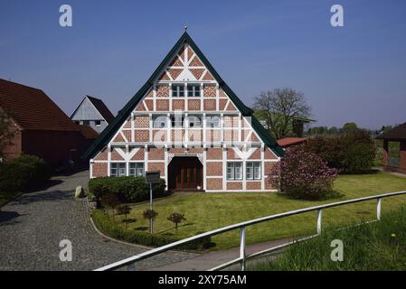 Europa, Deutschland, Niedersachsen, altes Land bei Hamburg, Steinkirchen an der Luehe, altes Fachwerkbauernhaus, künstlerisches Ziegelwerk des Fachwerkwerks Stockfoto