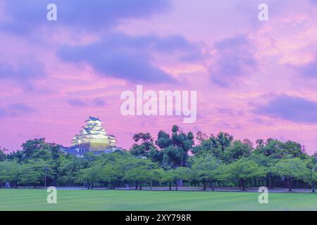 Hell gefärbter Sonnenuntergangshimmel hinter dem Himeji-Jo-Schloss und grüner Baum und Gras im Vordergrund in Himeji, Japan, nach Abschluss der Renovierungsarbeiten im Jahr 2015 wieder eröffnet. Hor Stockfoto