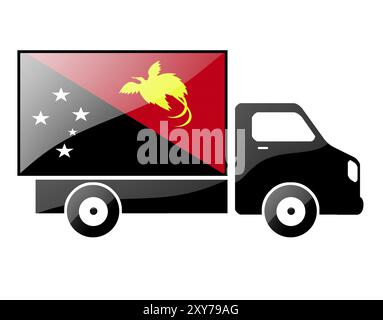 Die Papua-Neuguinea-Flagge auf der Silhouette eines Lastwagens. Hochglanz-Illustration Stockfoto