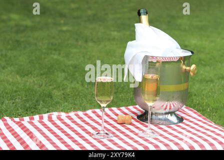 Champagner gegossen wird bei einem Sommerpicknick Stockfoto