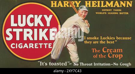 Baseballspieler Harry Heilmann 'Lucky Strike' Trolley Schild 1928 - Vintage Lucky Strike Zigaretten Werbung. Stockfoto