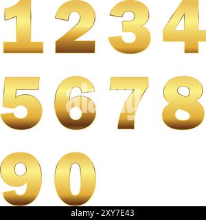 Goldenes Metall Zahl 1 bis 10, 1 bis 10 Zahl in goldener Farbe, Alphabet Zahl, Golden 1,2,3,4,5,6,7,8,9,0, Zahlen Null bis neun in Gold, Satz von numb Stock Vektor