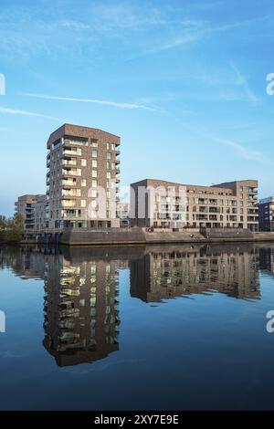 Blick auf die hölzerne Halbinsel in Rostock Stockfoto