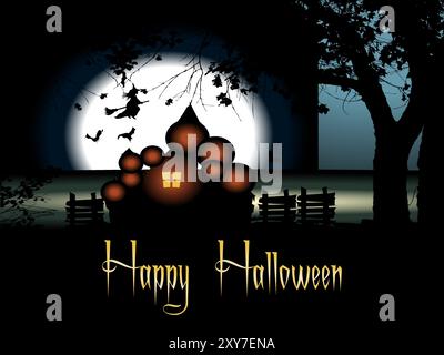 Ein Halloween-Schild mit einem Schloss und Fledermäusen im Hintergrund. Die Szene ist gruselig und festlich. Auf dem Poster steht „Happy Halloween“ in fetten Buchstaben Stock Vektor