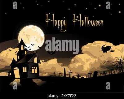 Ein Halloween-Poster mit einem Haus, einer Hexe, die über einen Friedhof fliegt, und einem Mond am Himmel. Auf dem Poster steht „Happy Halloween“ in fetten Buchstaben Stock Vektor