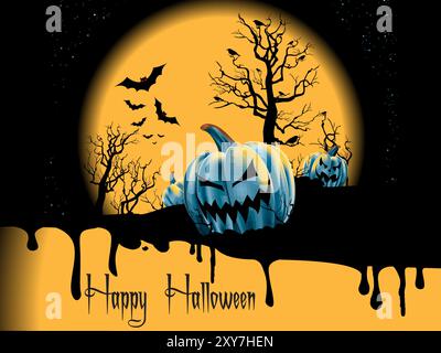 Ein Halloween-Poster mit Kürbissen und Fledermäusen. Das Poster hat einen dunklen Hintergrund mit einem Mond und Bäumen Stock Vektor