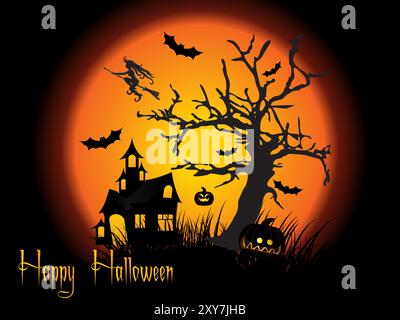 Ein Halloween-Poster mit einer Hexe, die über ein Haus fliegt und Fledermäuse. Auf dem Poster steht „Happy Halloween“ in einfarbiger Schrift Stock Vektor