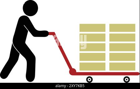 Mann mit Laufkatzenrädern Transport, Be- und Entladen von Kisten auf LKW, Mann mit schweren Gütern, Mann-Lieferwagen zur Lieferung, Handwagen-Dolly ico Stock Vektor